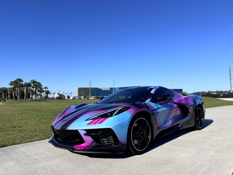 Chevrolet Corvette — C8 in pink/blue anime printed wrap.